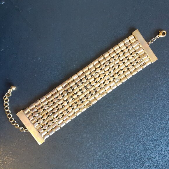 Avon Vintage Gold Tone Cuff Bracelet w/ 3 Lines of Rhinestones - Picture 5 of 9